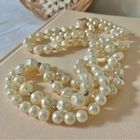 Baroque Pearl Two Strand Necklace Vintage “Tamar”  25” Statement Gold Silver - Picture 7 of 12